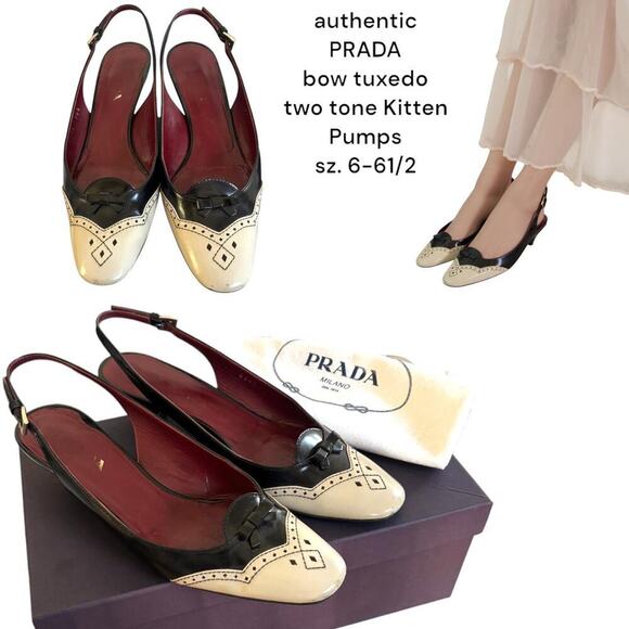 y2k vtg. Prada Tuxedo two Tone Kitten Heel Strappy Pumps size 6-6 1/2 - Picture 1 of 7